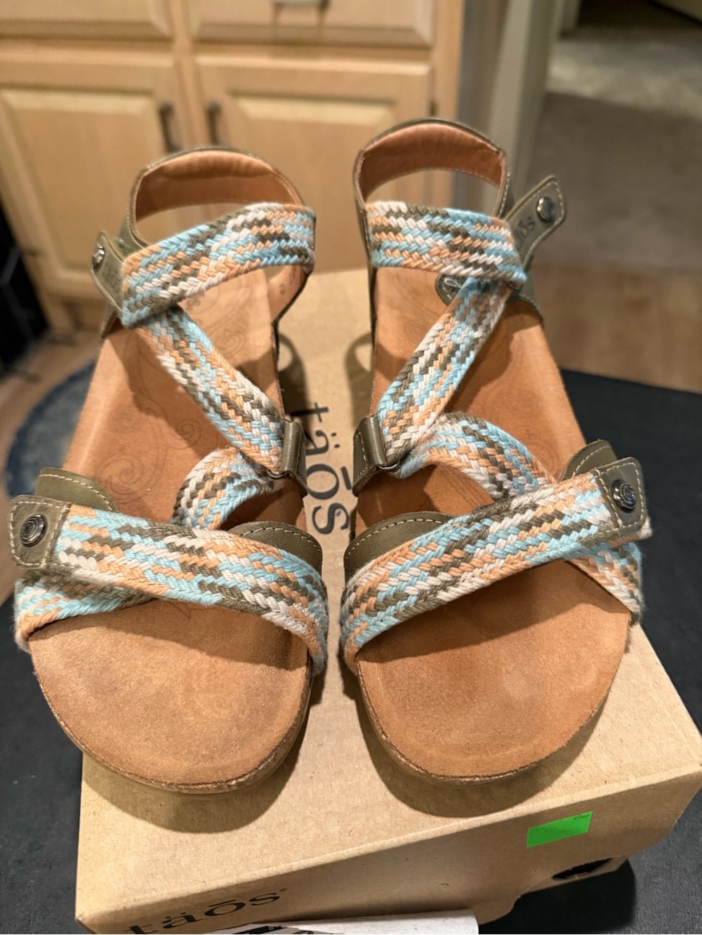 Taos Footwear Tan and Light Blue Braided Strap Sandals